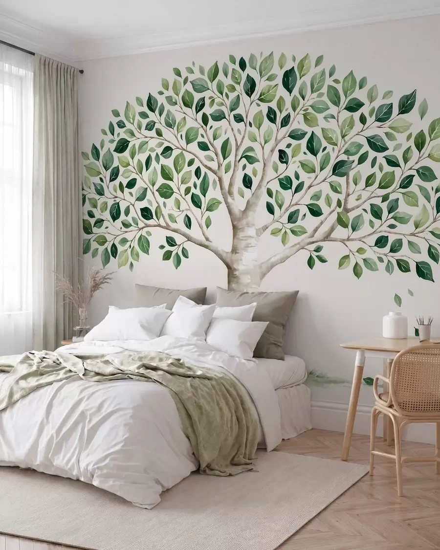Papier peint Arbre au feuillage vert, style aquarelle, minimaliste w10046