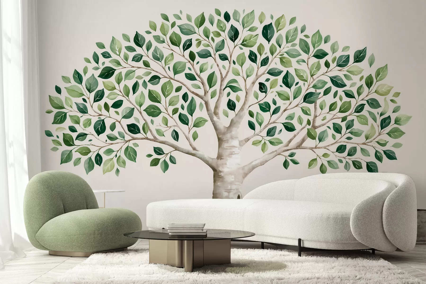 Papier peint Arbre au feuillage vert, style aquarelle, minimaliste w10046