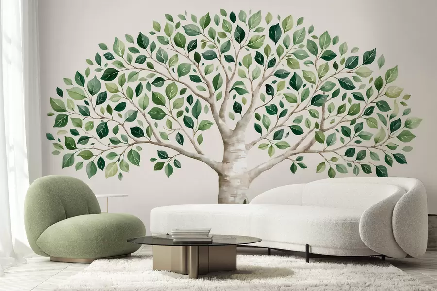 Papier peint Arbre au feuillage vert, style aquarelle, minimaliste w10046