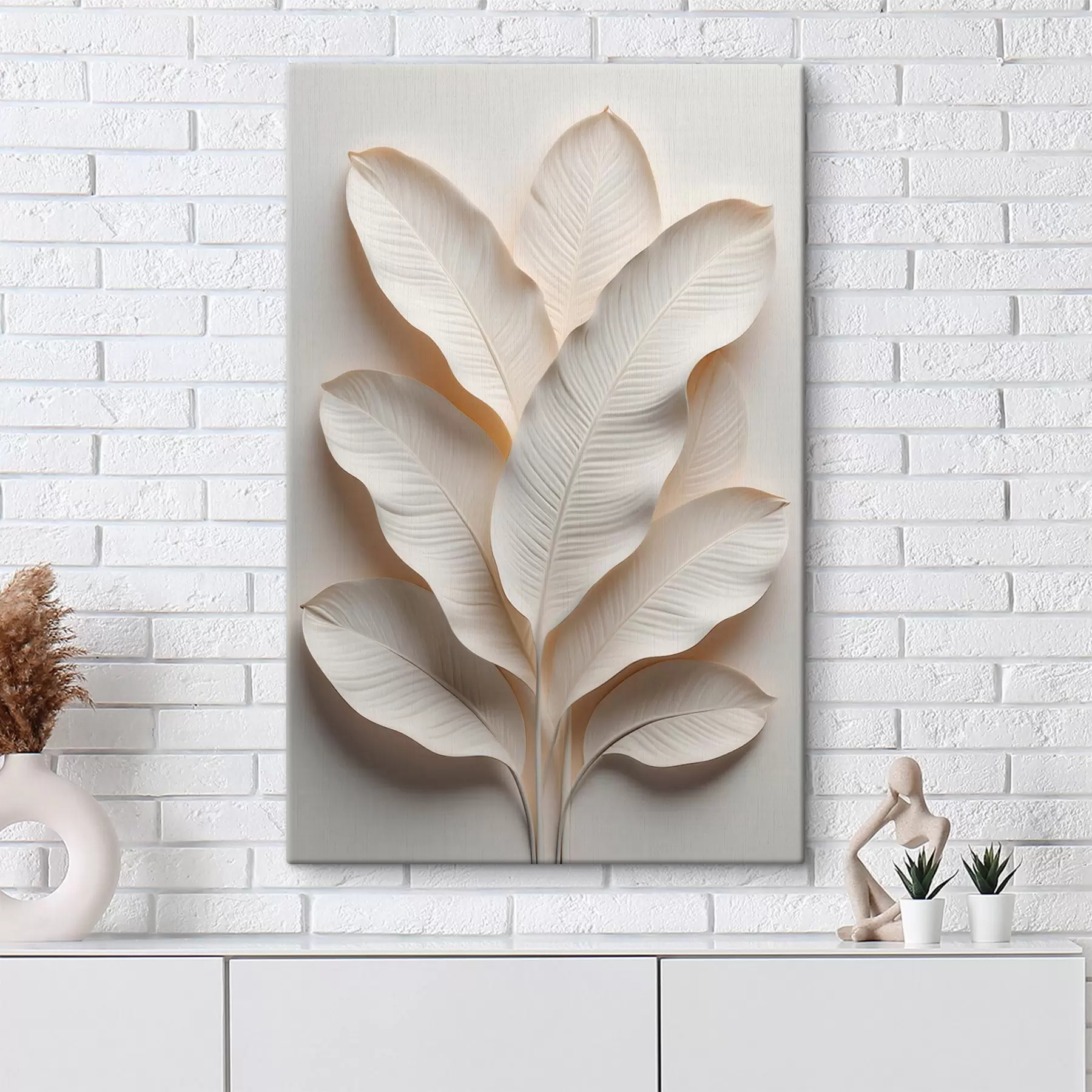 Tableau Une composition d'intérieur contemporaine composée de feuilles en relief texturées, dans une palette de tons neutres clairs s50017