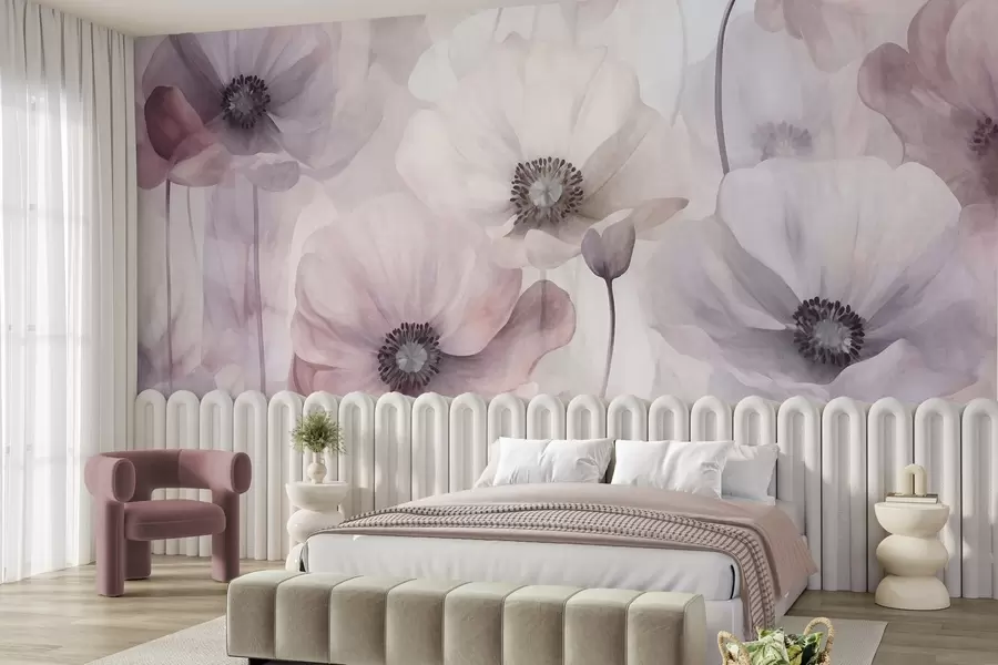 Papier peint Des coquelicots rose pâle et blancs aux pétales délicats w10029v1