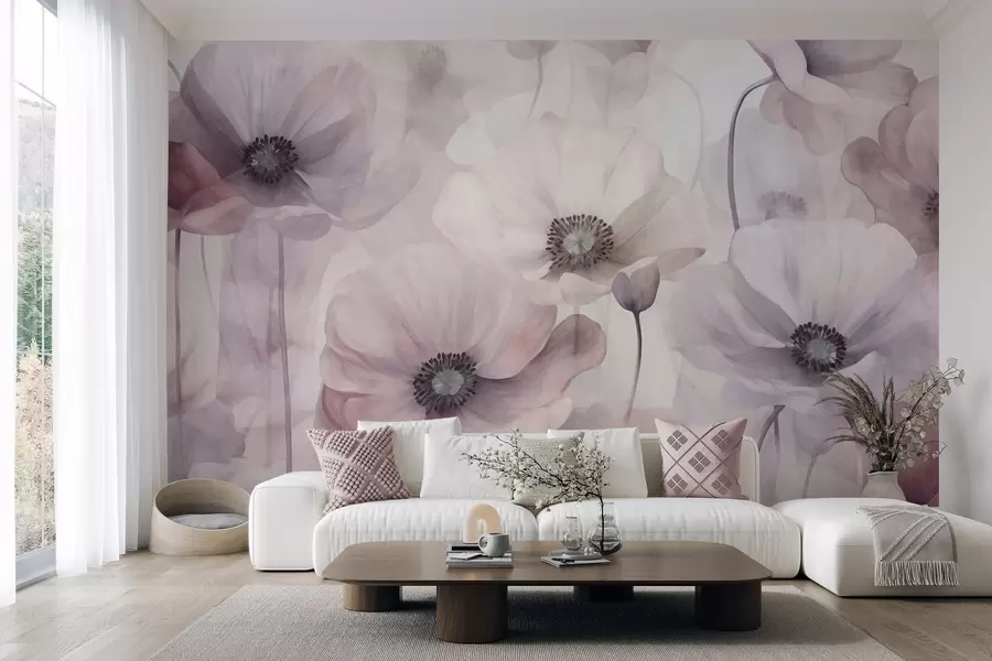 Papier peint Des coquelicots rose pâle et blancs aux pétales délicats w10029v1