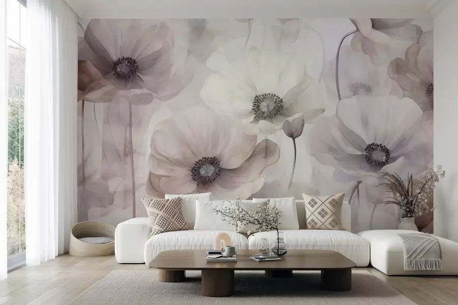 Papier peint Des coquelicots rose pâle et beiges aux pétales délicats w10029