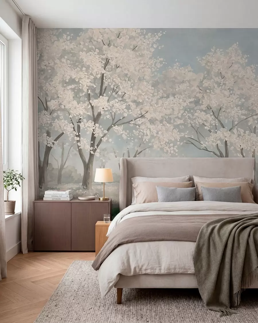 Papier peint Des arbres en fleurs aux teintes pâles dans une prairie aux tons pastel w05897