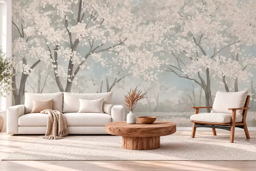 Papier peint Des arbres en fleurs aux teintes pâles dans une prairie aux tons pastel w05897
