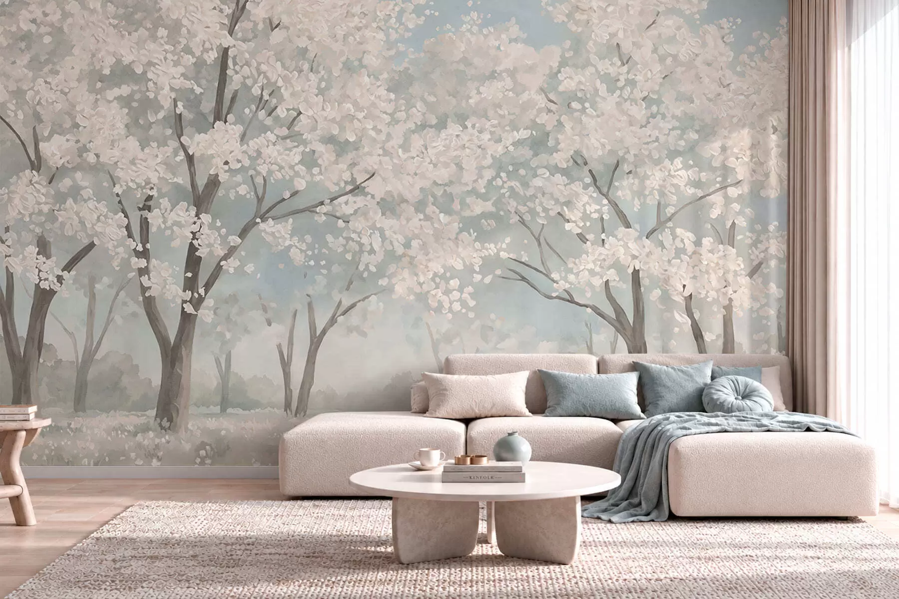 Papier peint Des arbres en fleurs aux teintes pâles dans une prairie aux tons pastel w05897