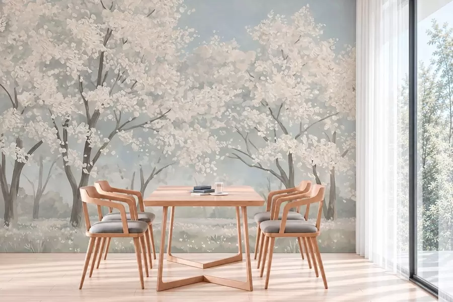 Papier peint Des arbres en fleurs aux teintes pâles dans une prairie aux tons pastel w05897