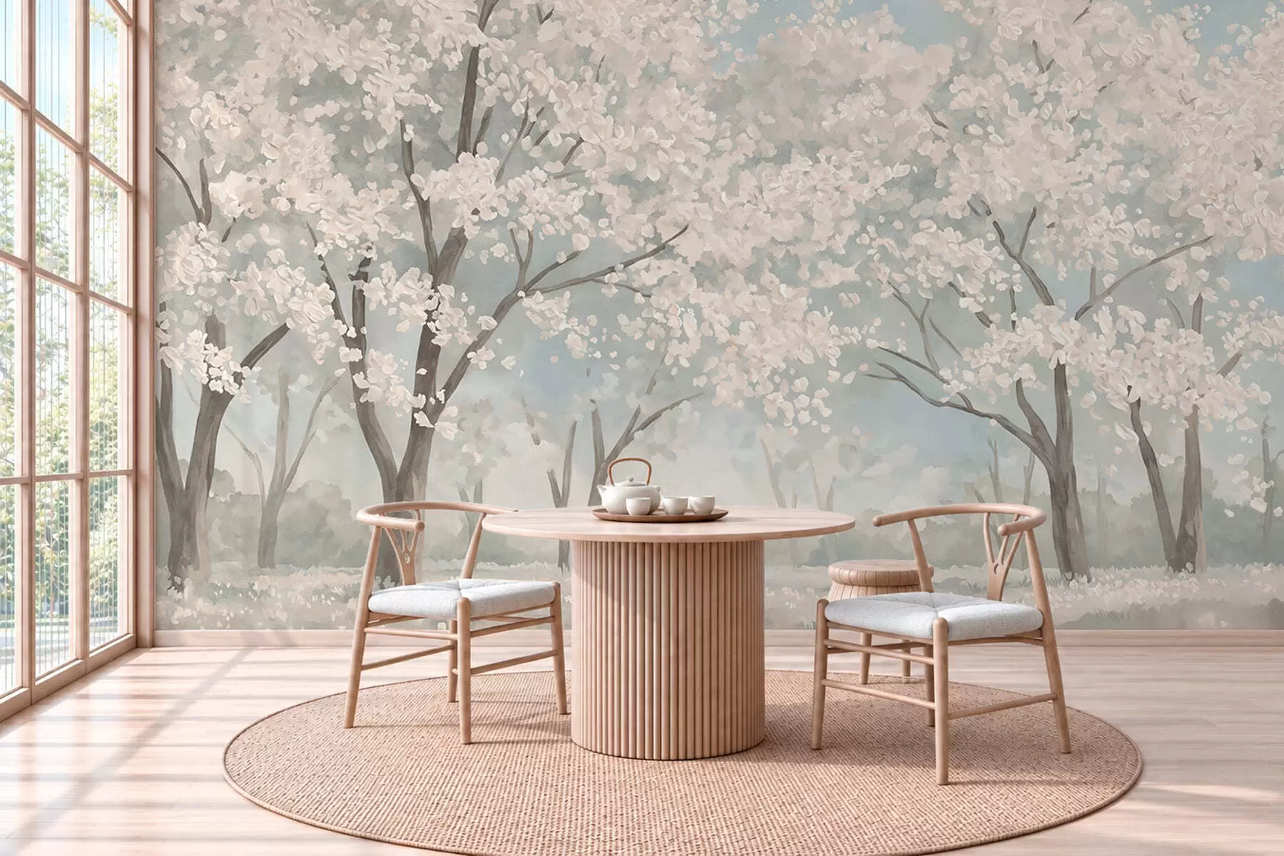 Papier peint Des arbres en fleurs aux teintes pâles dans une prairie aux tons pastel w05897