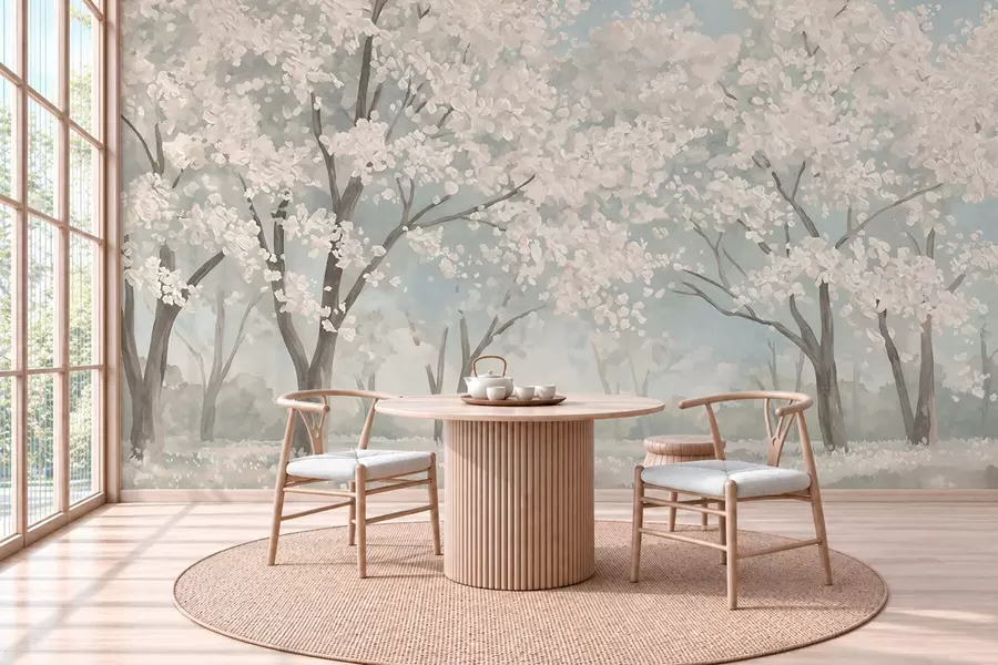 Papier peint Des arbres en fleurs aux teintes pâles dans une prairie aux tons pastel w05897