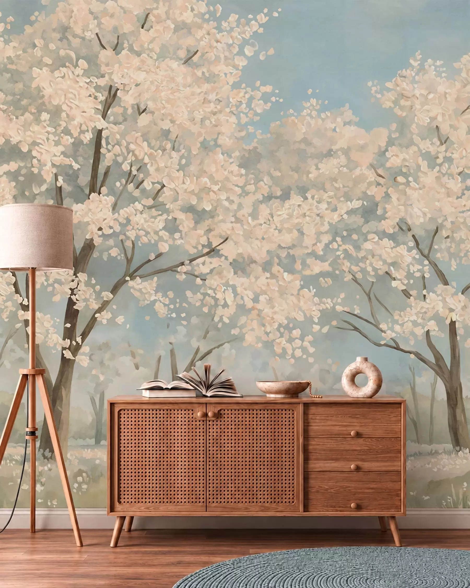 Papier peint Des arbres en fleurs aux teintes pâles sous un ciel d'un bleu tendre w05897v1