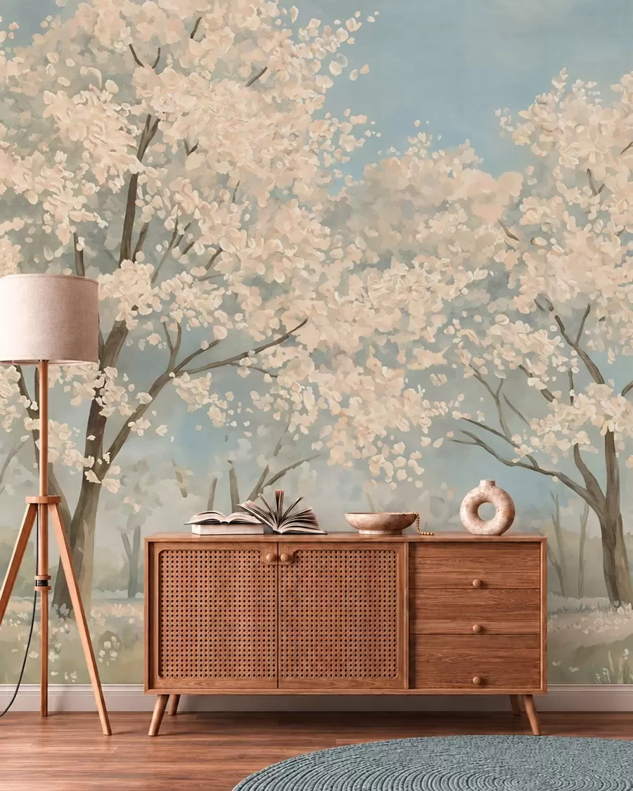 Papier peint Des arbres en fleurs aux teintes pâles sous un ciel d'un bleu tendre w05897v1