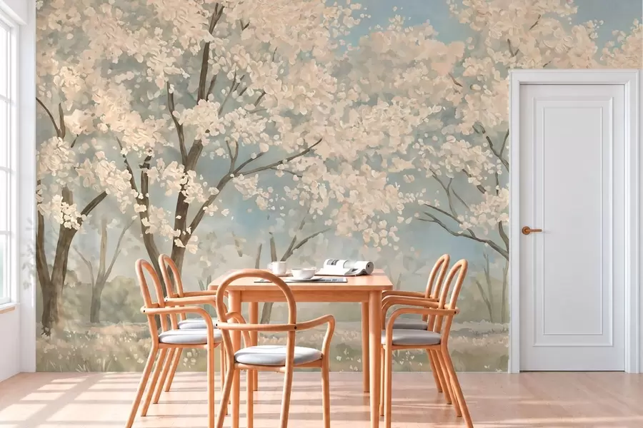 Papier peint Des arbres en fleurs aux teintes pâles sous un ciel d'un bleu tendre w05897v1
