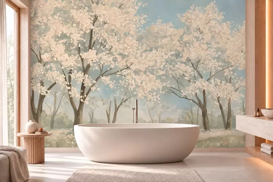Papier peint Des arbres en fleurs aux teintes pâles sous un ciel d'un bleu tendre w05897v1