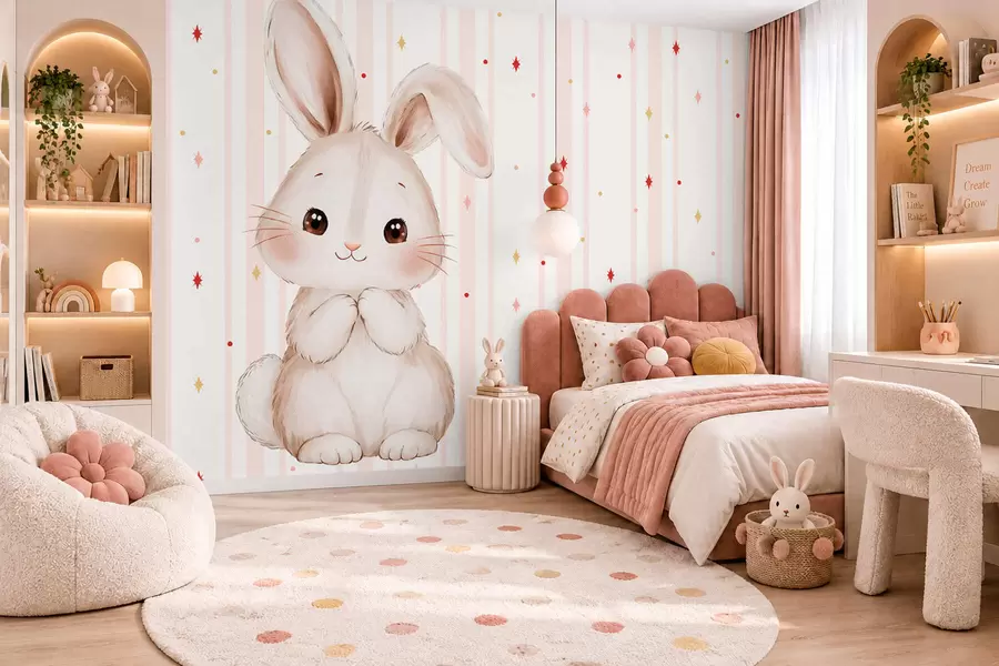 Papier peint Adorable lapin sur fond de rayures roses et d'étoiles colorées w05920