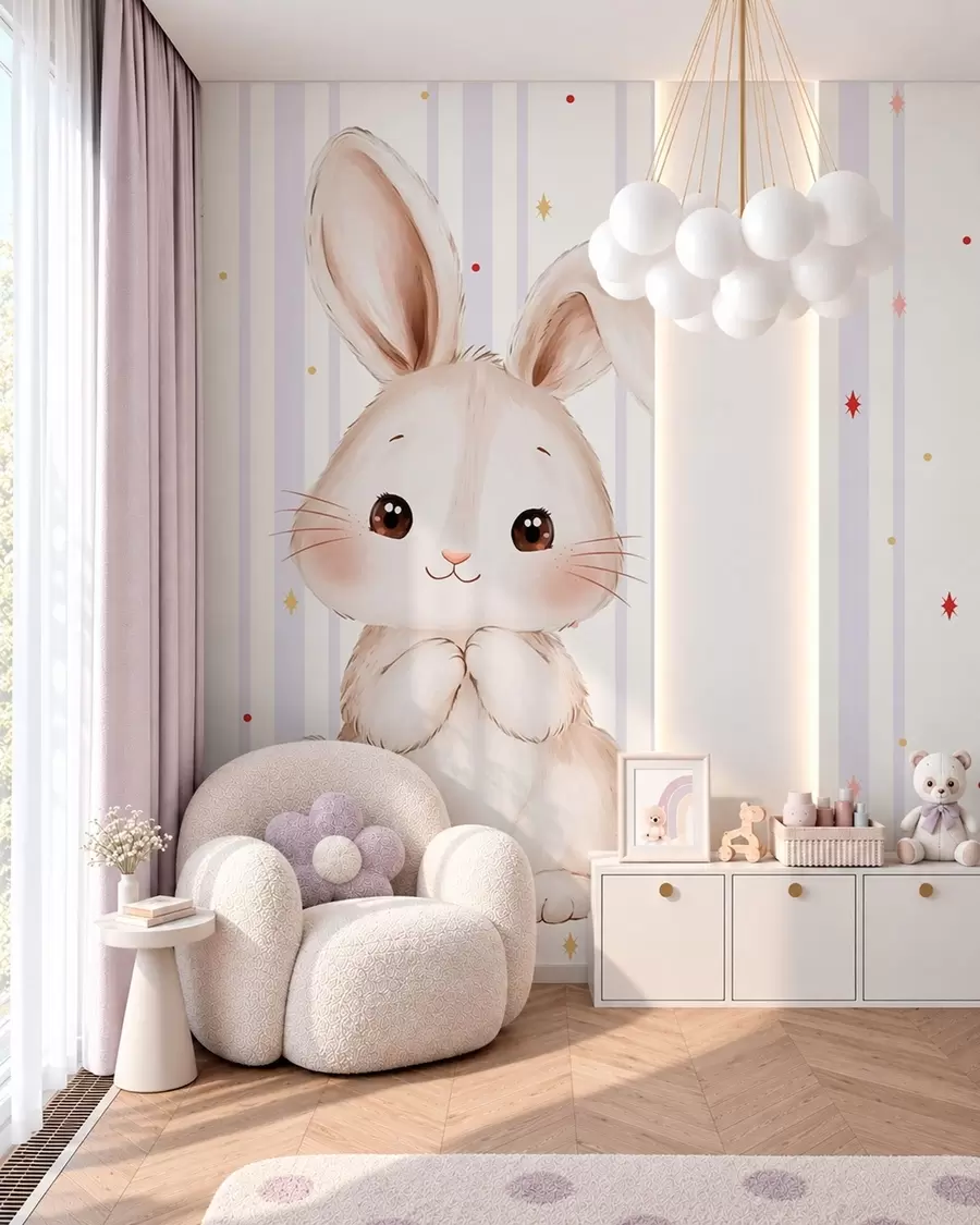 Papier peint Adorable lapin sur fond de rayures lilas et d'étoiles lumineuses w05920v1