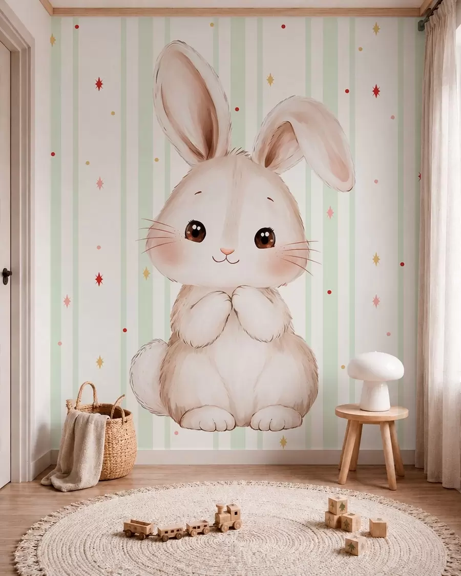 Papier peint Adorable lapin sur fond de rayures vertes et d’étoiles lumineuses w05920v2