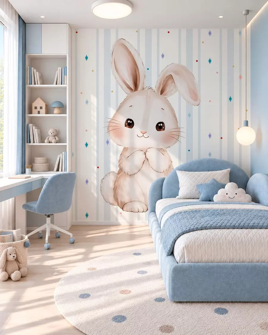 Papier peint Adorable lapin sur fond de rayures bleues et d'étoiles colorées w05920v3