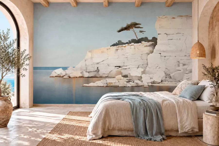Papier peint Des falaises pâles au bord d'une mer calme, avec un arbre solitaire w05922