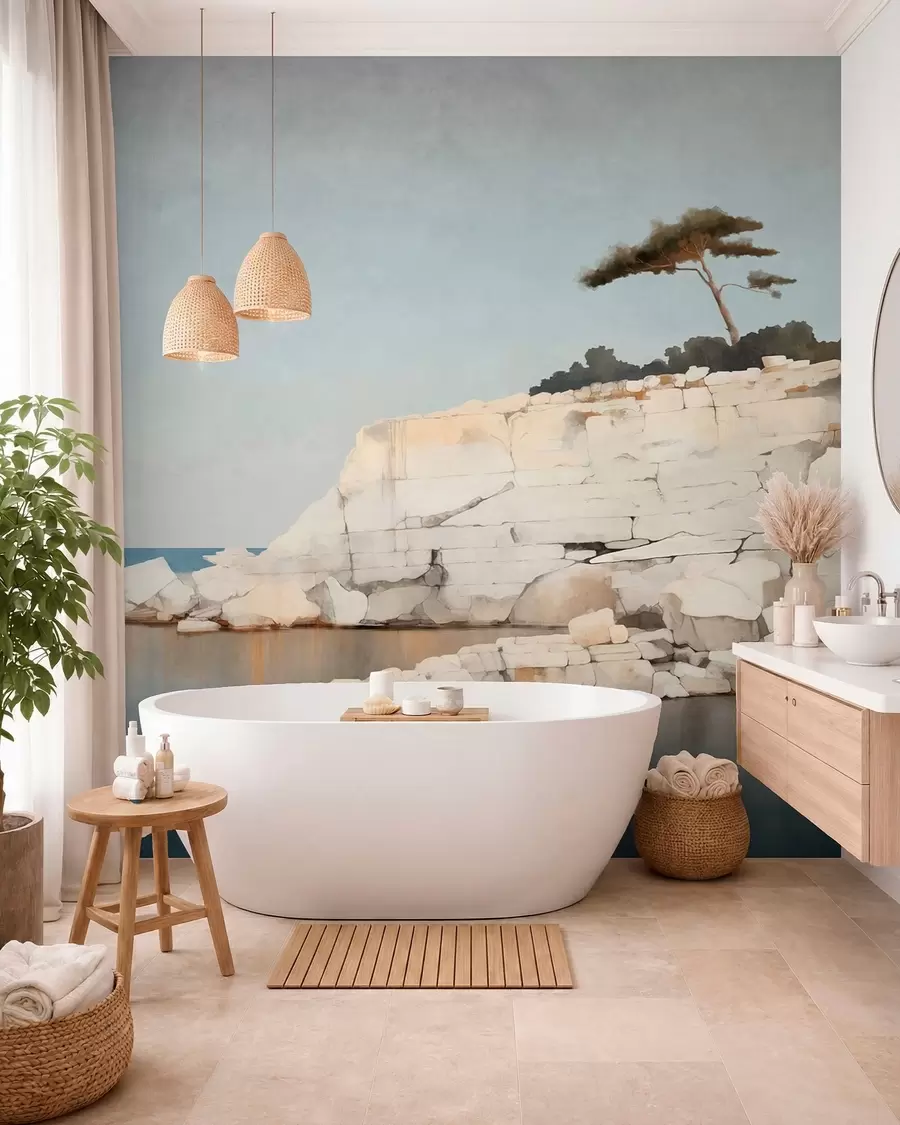 Papier peint Des falaises pâles au bord d'une mer calme, avec un arbre solitaire w05922