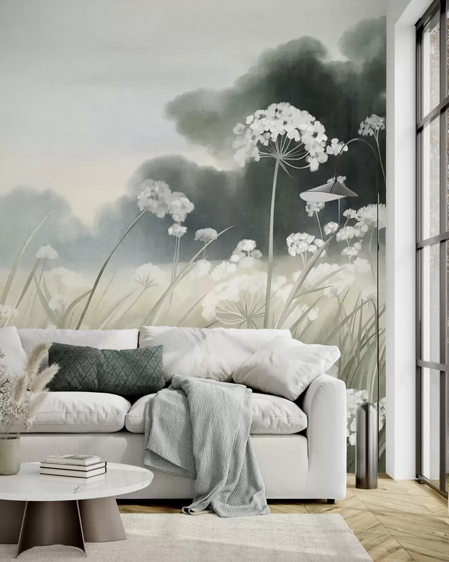 Papier peint Paysage avec des fleurs sauvages et de hautes herbes dans un champ, aux couleurs douces et à la texture marquée w10032