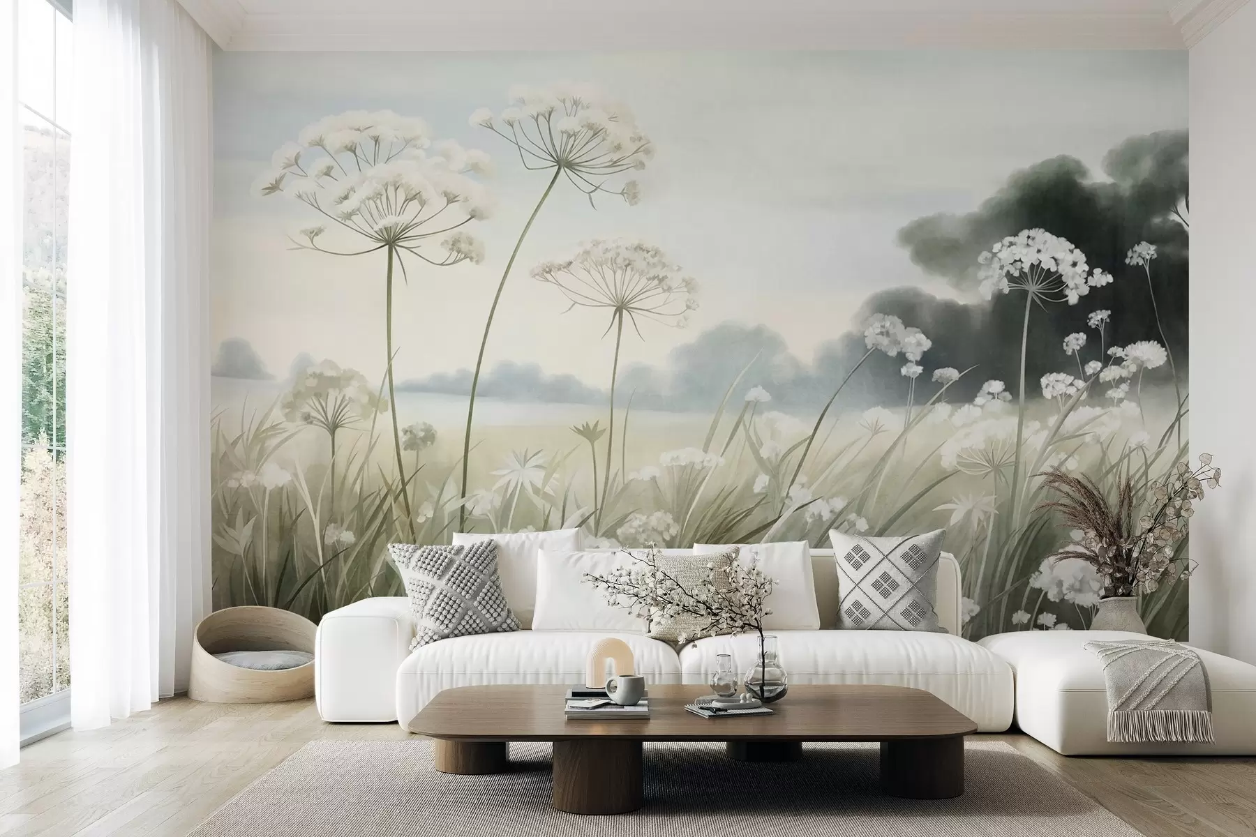 Papier peint Paysage avec des fleurs sauvages et de hautes herbes dans un champ, aux couleurs douces et à la texture marquée w10032