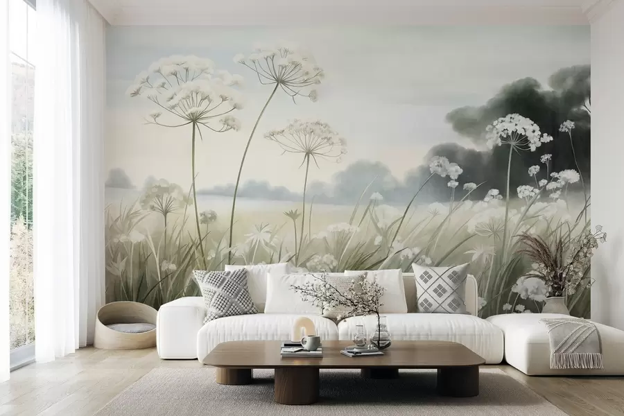 Papier peint Paysage avec des fleurs sauvages et de hautes herbes dans un champ, aux couleurs douces et à la texture marquée w10032