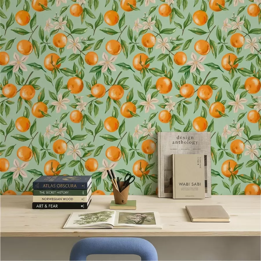 Papier peint Des oranges, des feuilles vertes et des fleurs blanches sur fond menthe a01262
