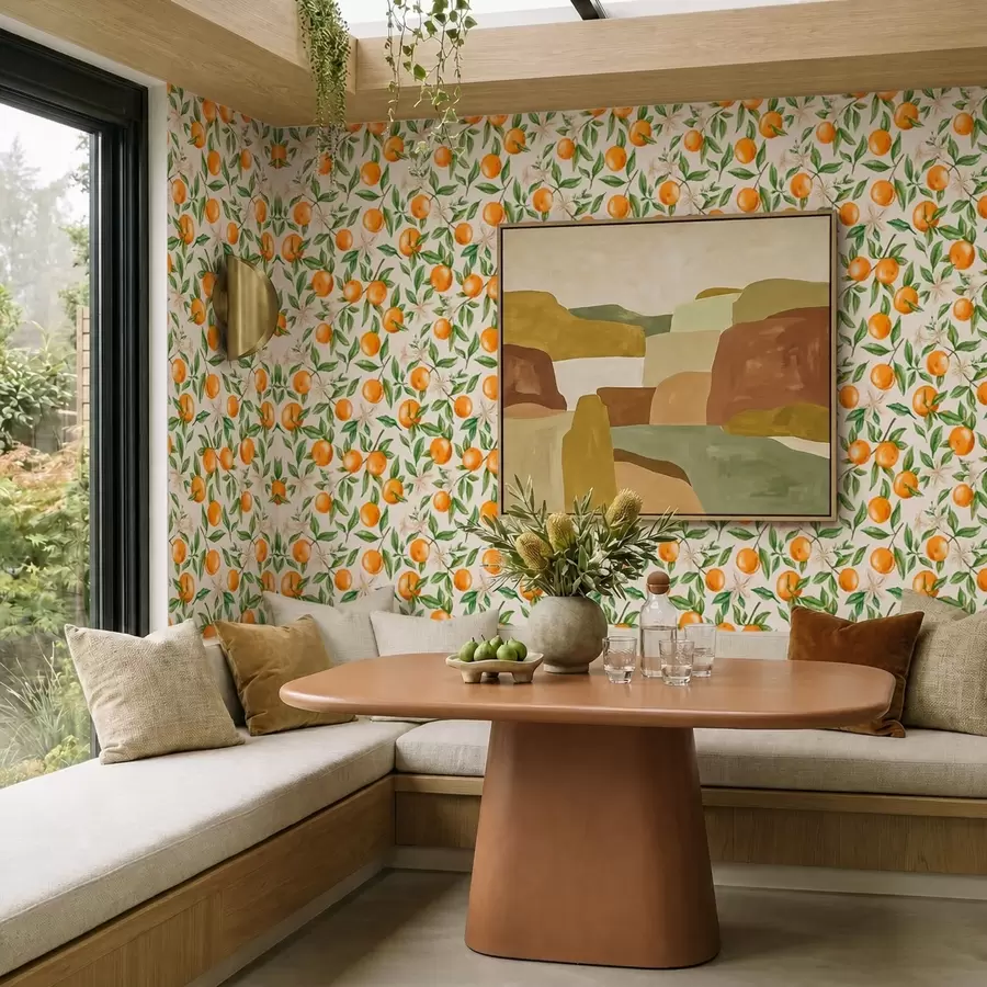 Papier peint Des oranges, des feuilles vertes et des fleurs blanches sur un fond clair a01262v1