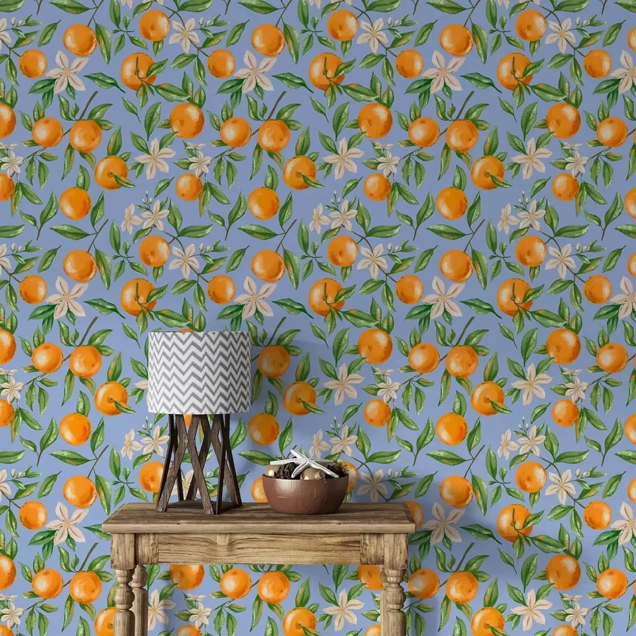 Papier peint Des oranges, des feuilles vertes et des fleurs blanches sur fond bleu a01262v2