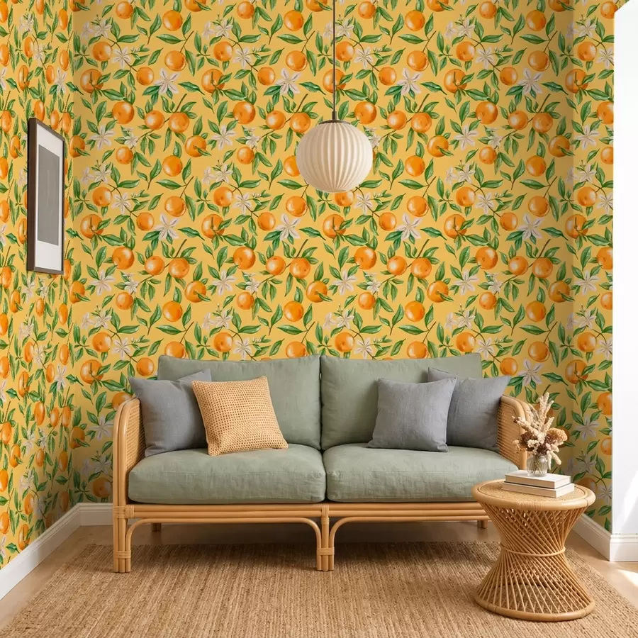 Papier peint Des oranges, des feuilles vertes et des fleurs blanches sur fond jaune a01262v4
