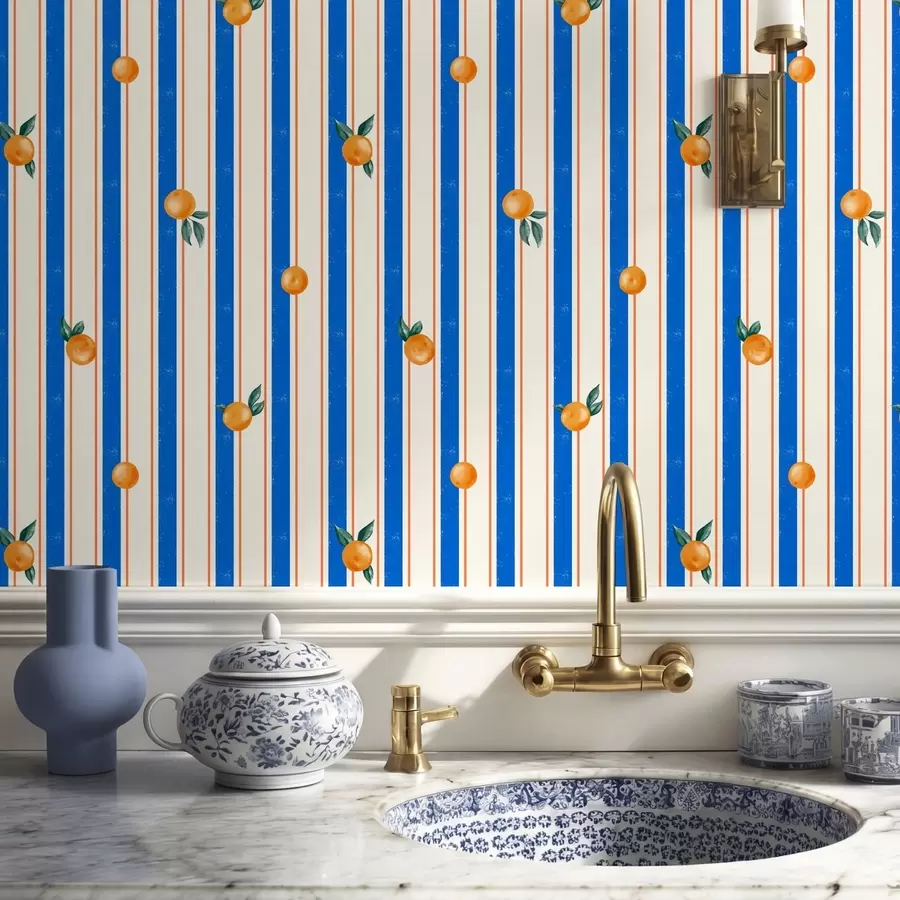 Papier peint Fruit orange sur fond rayé bleu et crème a01263