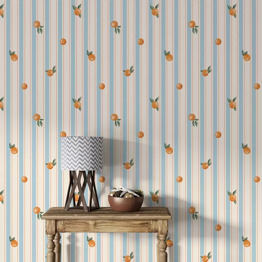 Papier peint Fruit orange sur fond de rayures bleu pâle et crème a01263v1