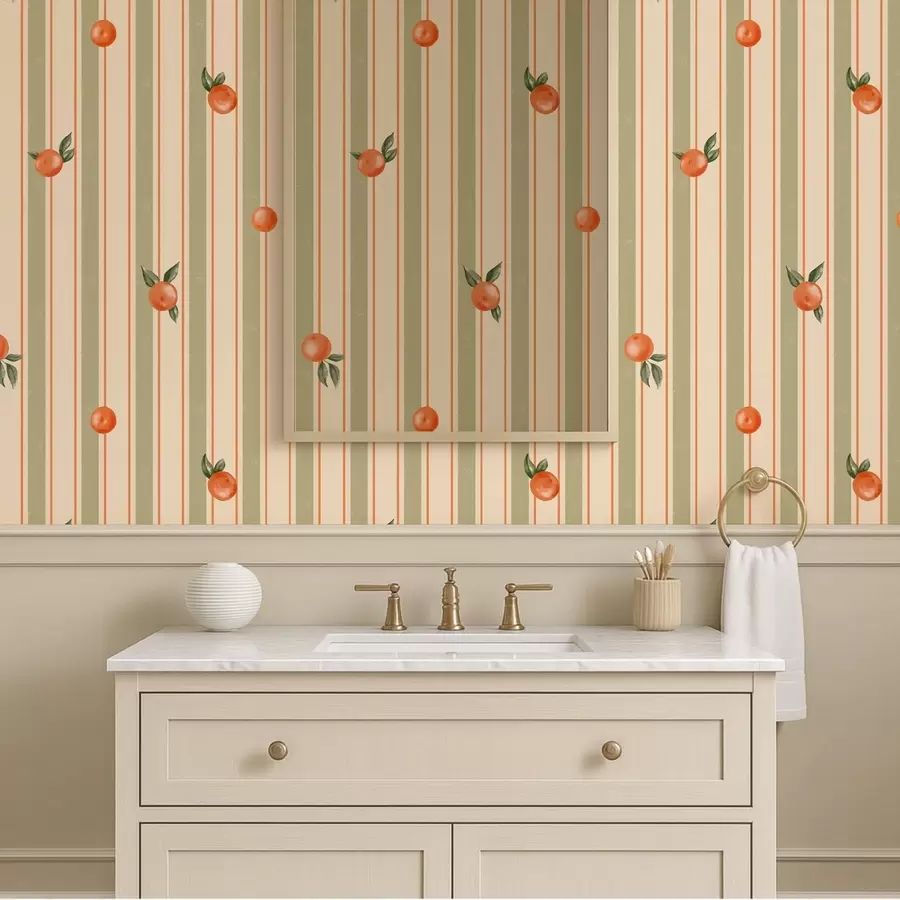 Papier peint Fruit orange sur fond rayé olive et crème a01263v3