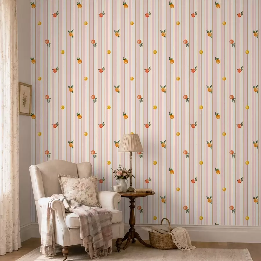 Papier peint Fruit orange sur fond rayé rose et crème a01263v4