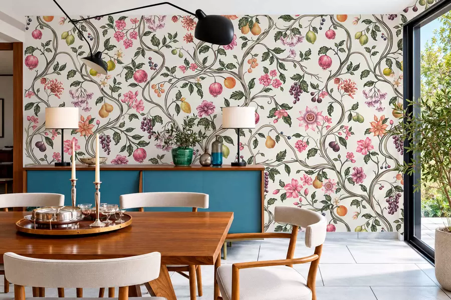 Papier peint Motif floral et fruité avec des branches entrelacées w05862v1