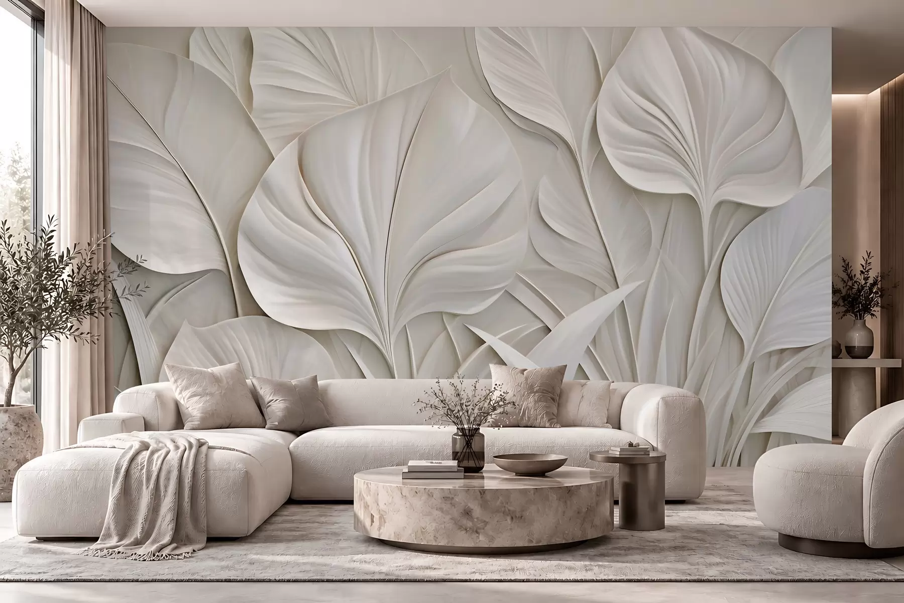 Papier peint De grandes feuilles dans un style de bas-relief w10074