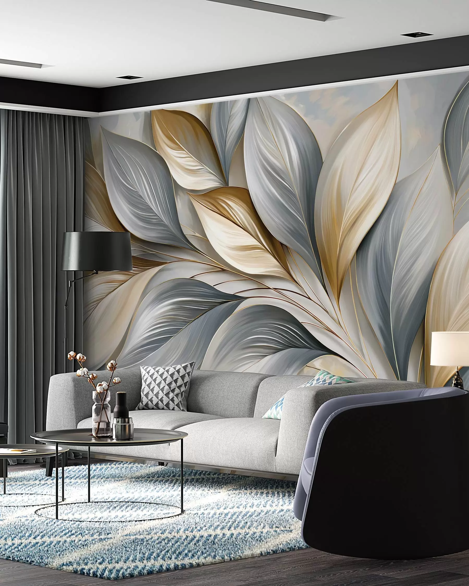 Papier peint Feuilles sculptées bleues w10076