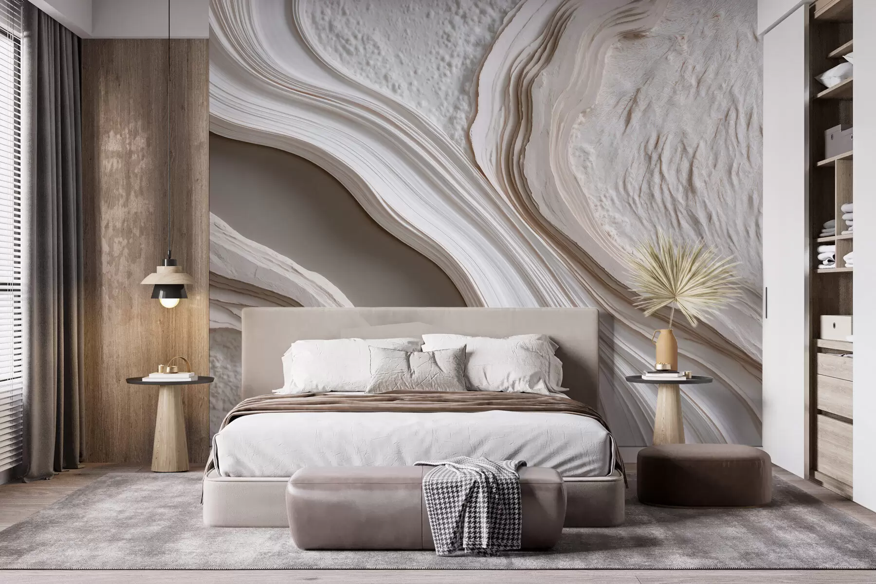 Papier peint Imitation d'un enduit à la texture ondulée dans des tons crème-beige avec un effet 3D w10042