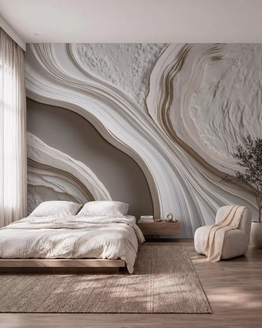 Papier peint Imitation d'un enduit à la texture ondulée dans des tons crème-beige avec un effet 3D w10042