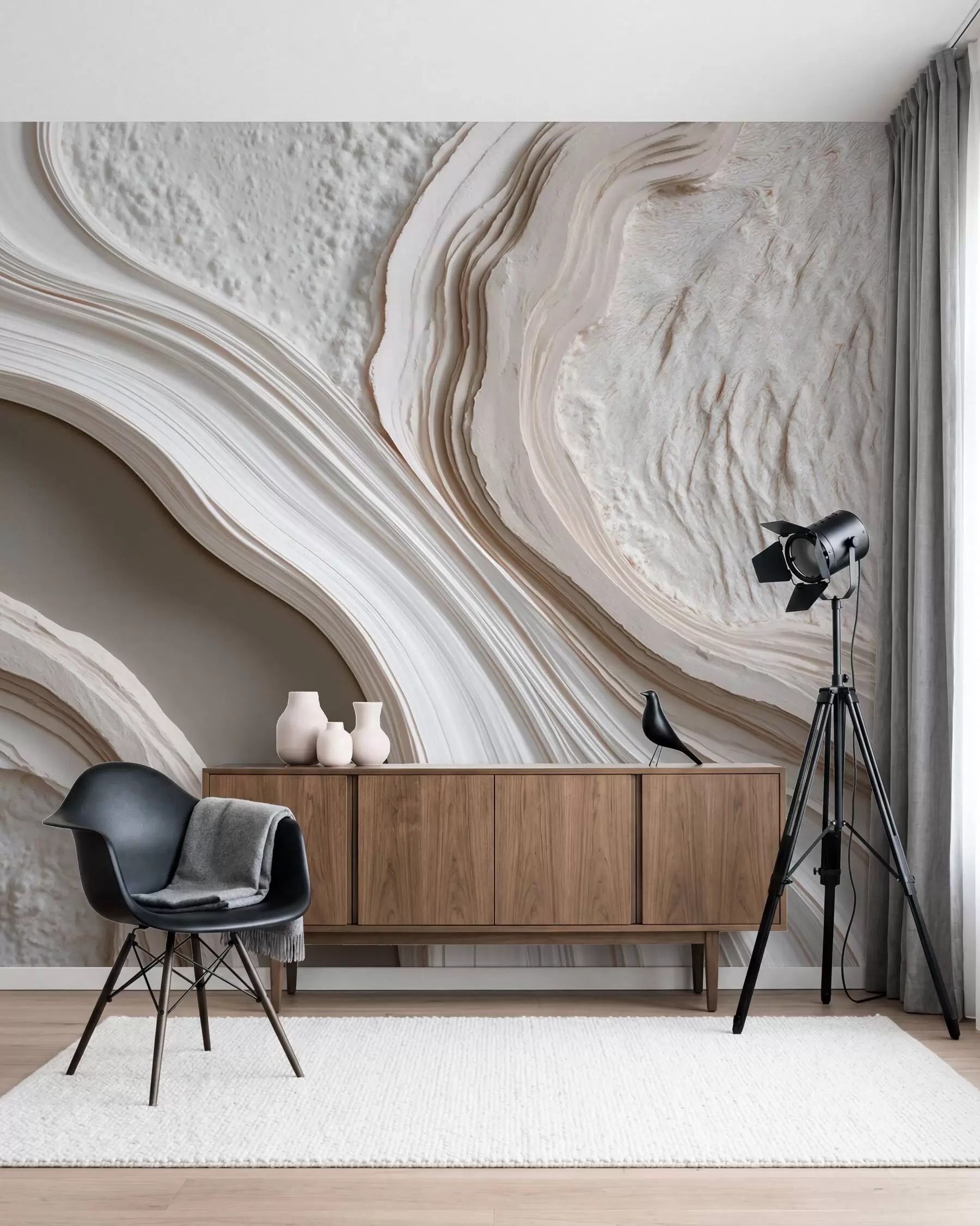 Papier peint Imitation d'un enduit à la texture ondulée dans des tons crème-beige avec un effet 3D w10042