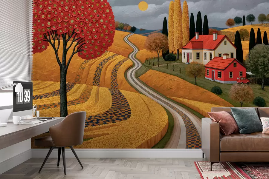 Papier peint Représentation d'un paysage toscan pittoresque, peinte à l'huile, avec un arbre rouge, une route sinueuse et une ferme w10049