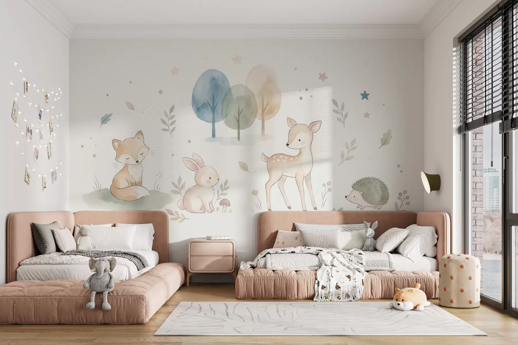 Papier peint Animaux de la forêt : renard, lapin, faon, hérisson, dans un style aquarelle w10068