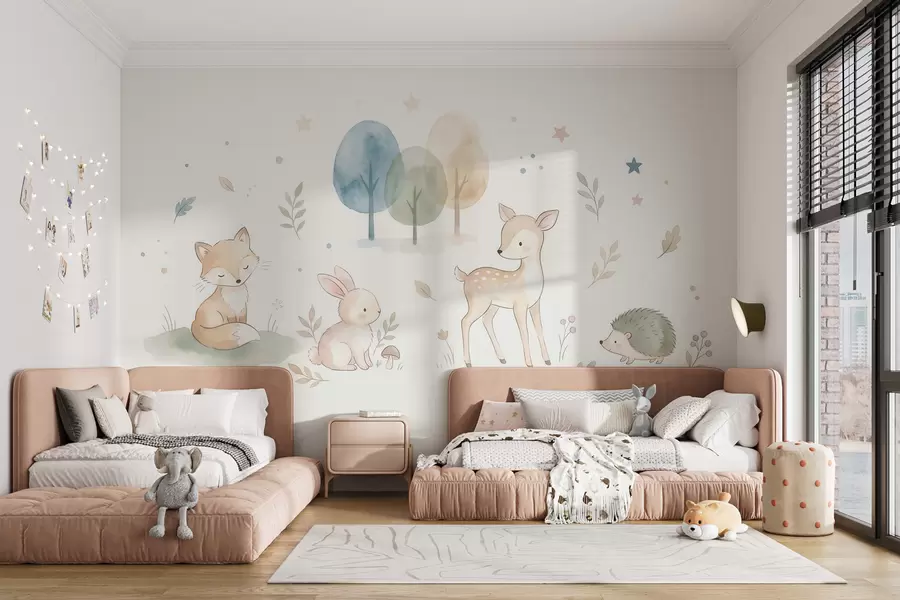 Papier peint Animaux de la forêt : renard, lapin, faon, hérisson, dans un style aquarelle w10068