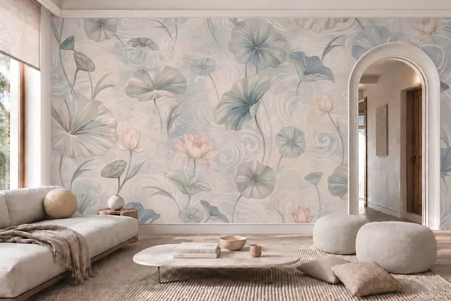 Papier peint De grandes feuilles et des fleurs roses sur un fond clair w05808