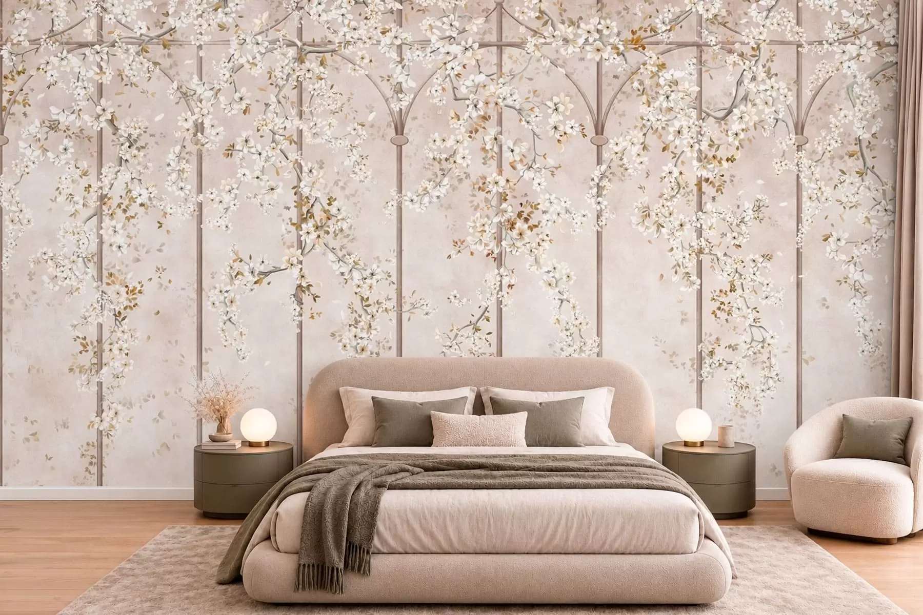 Papier peint Des branches blanches en fleurs sur un treillis décoratif w05923