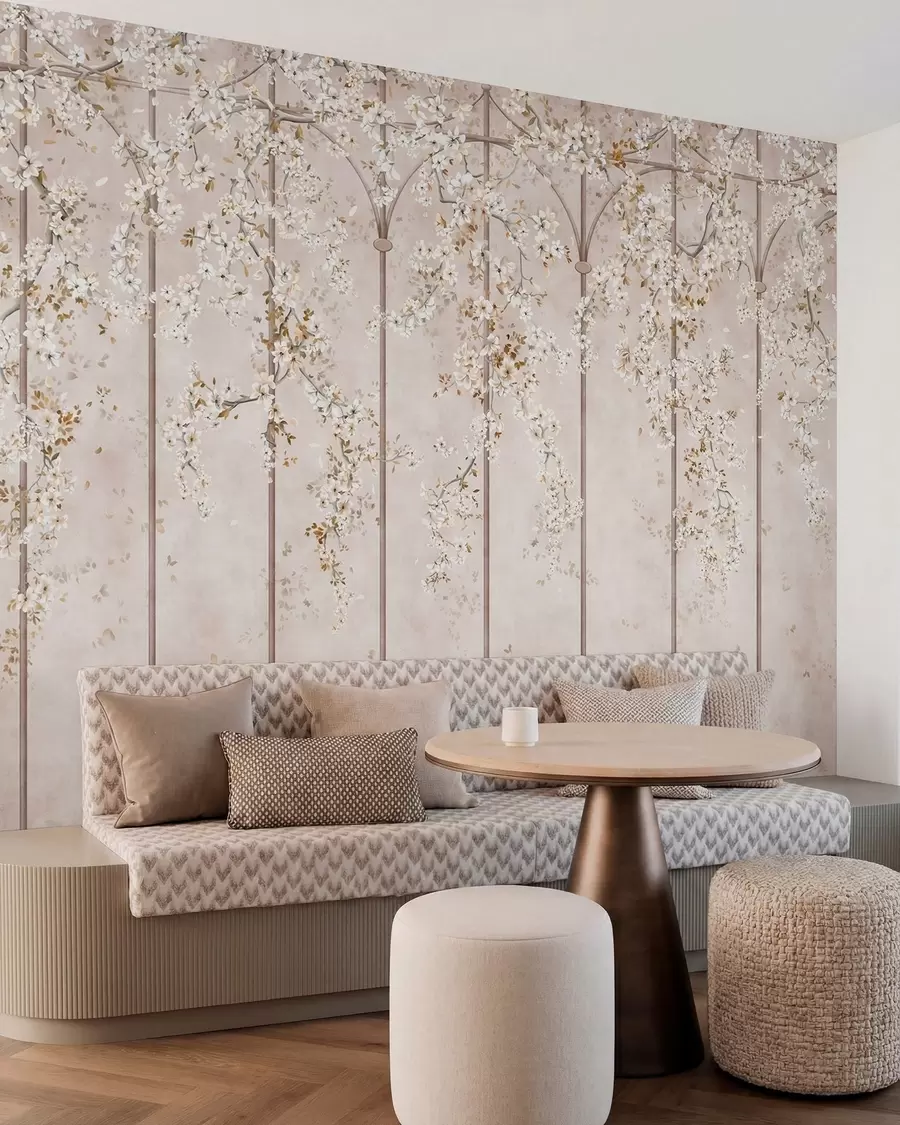 Papier peint Des branches blanches en fleurs sur un treillis décoratif w05923