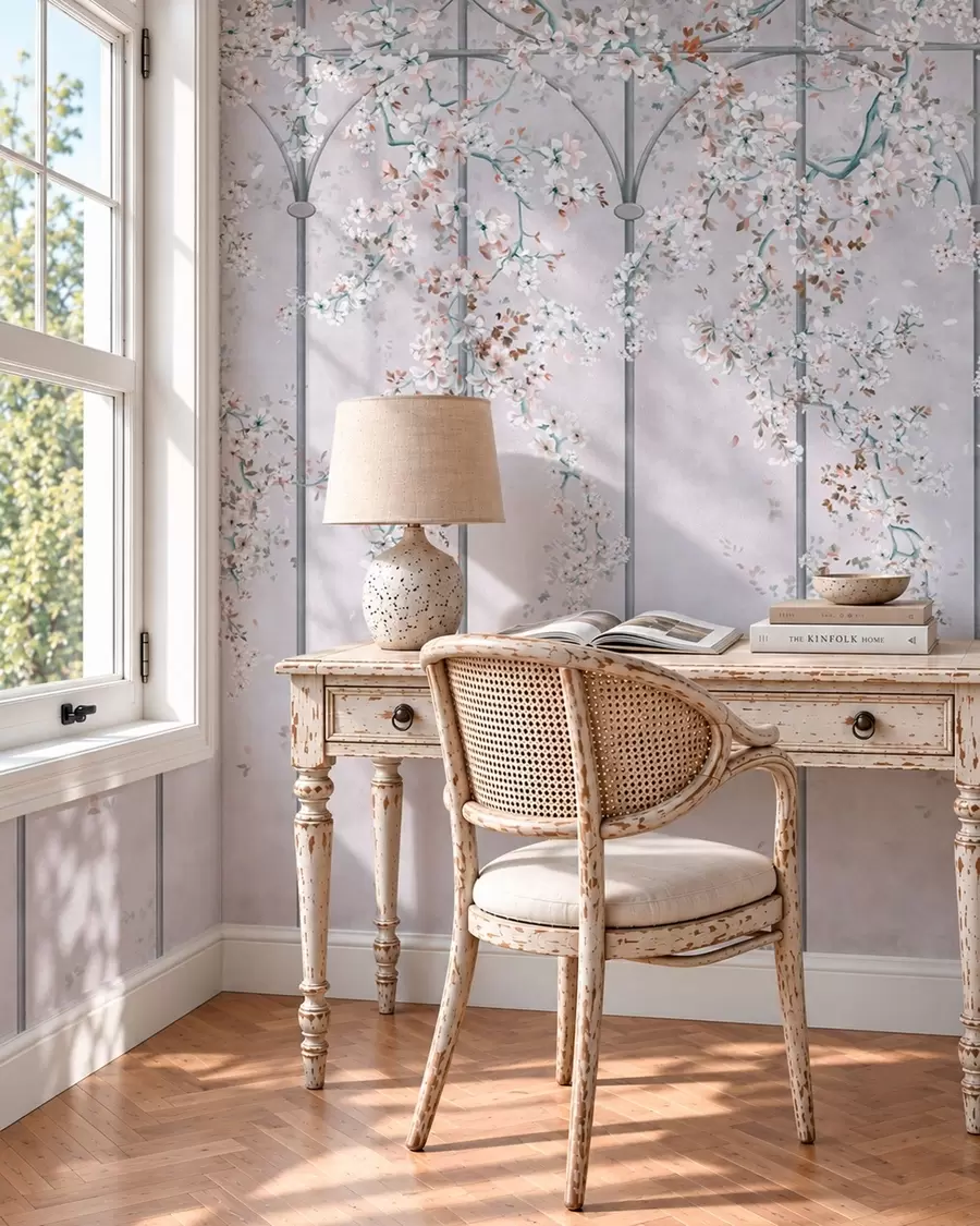 Papier peint Des branches fleuries blanches sur un treillis décoratif bleu et gris w05923v1