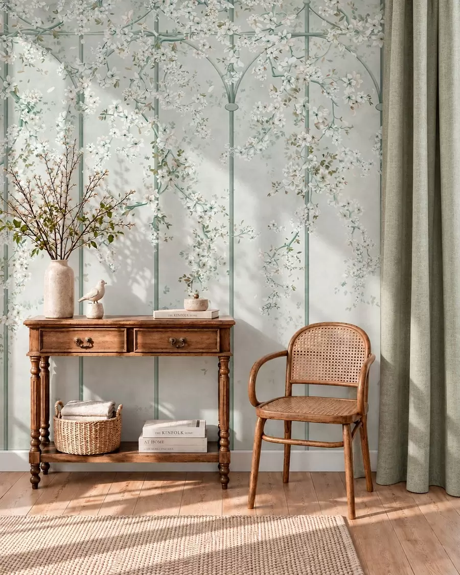 Papier peint Des branches fleuries blanches sur un treillis décoratif vert w05923v2