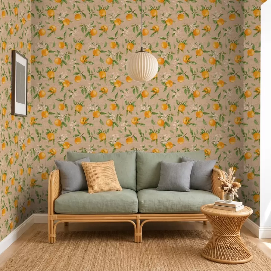 Papier peint Des oranges, des feuilles vertes et des fleurs blanches a01264
