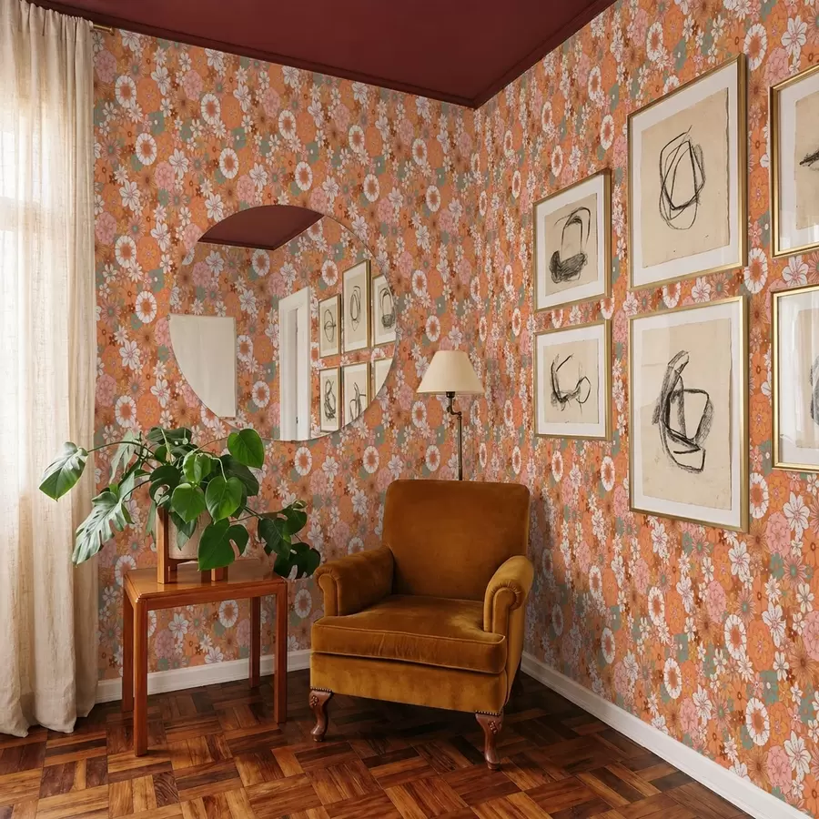 Papier peint Motif floral éclatant dans des tons orange chauds a01269v1